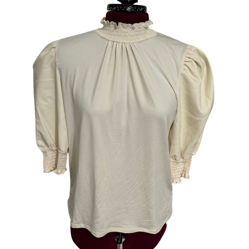 BREA CANYON Vegan Leather Puff Sleeve Blouse MEDIUM Cream Smocked Mock Neck NWT